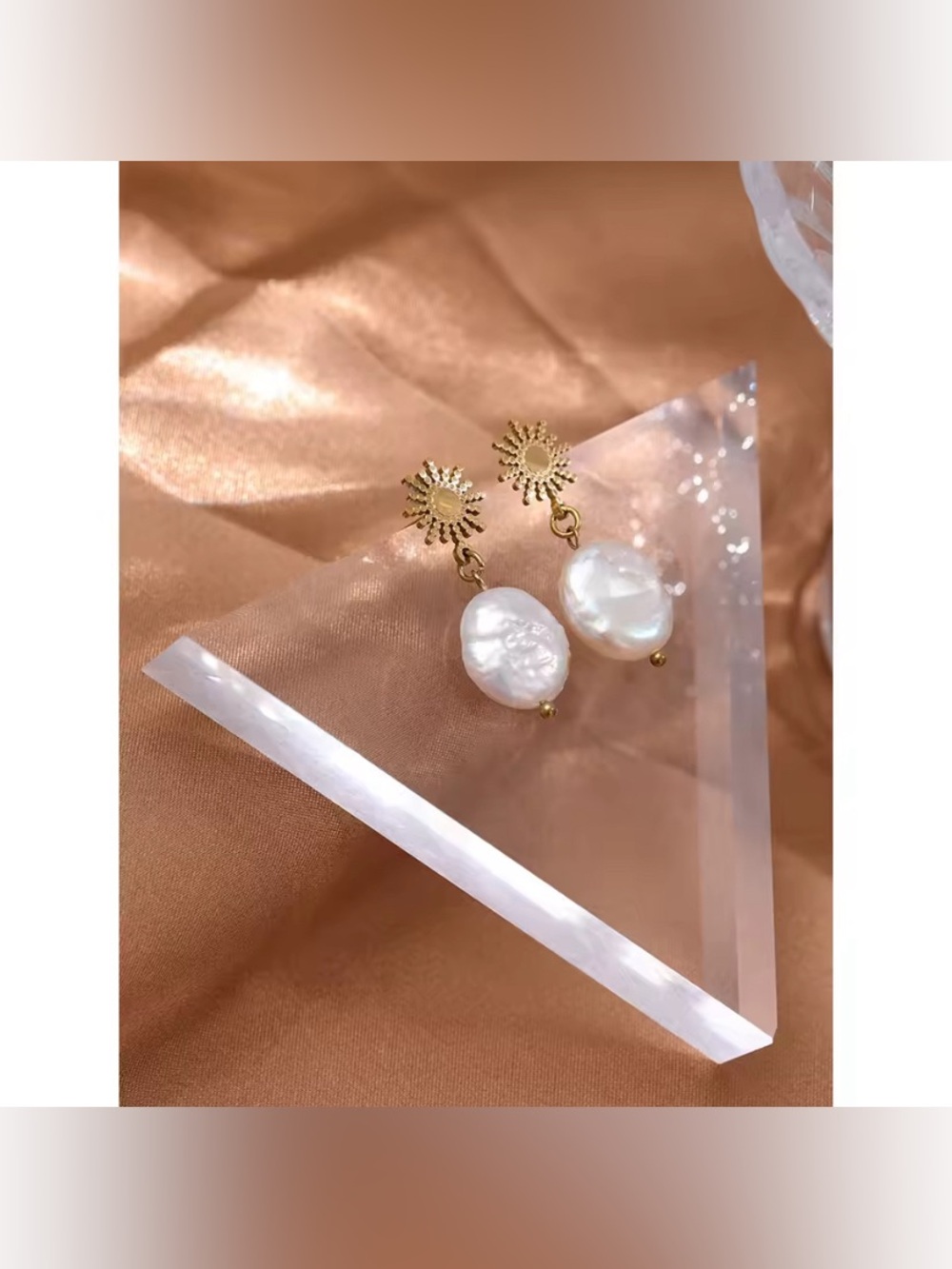 Korean Vintage Sun Celestial Pearl Dangle Gold Drop Earrings